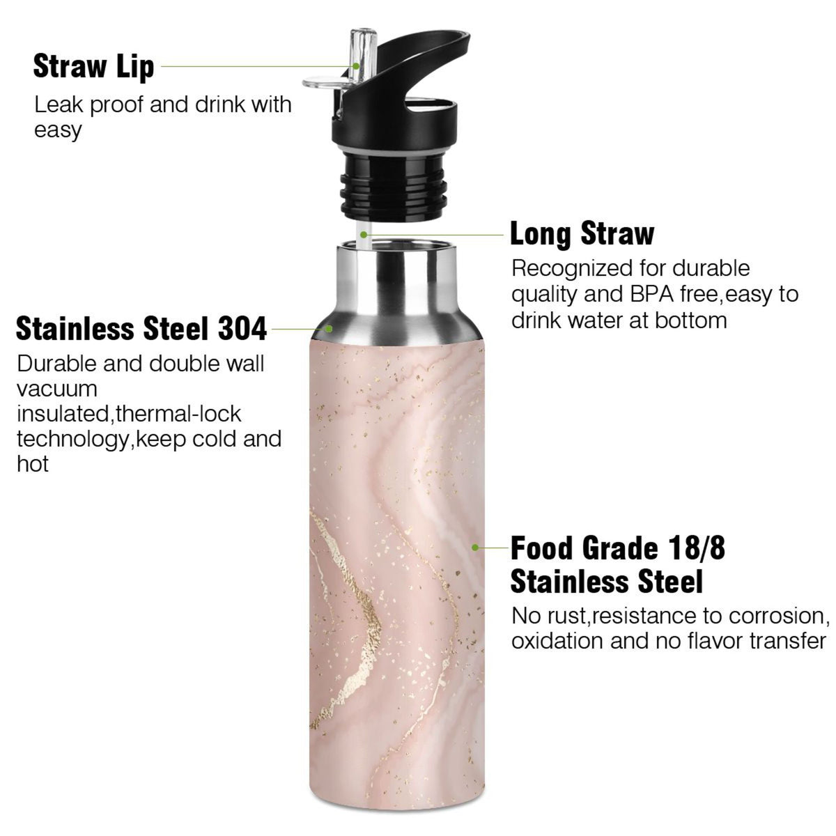 Pink Marble Stainless Steel Insulated Water Bottle with Straw Lid C126339