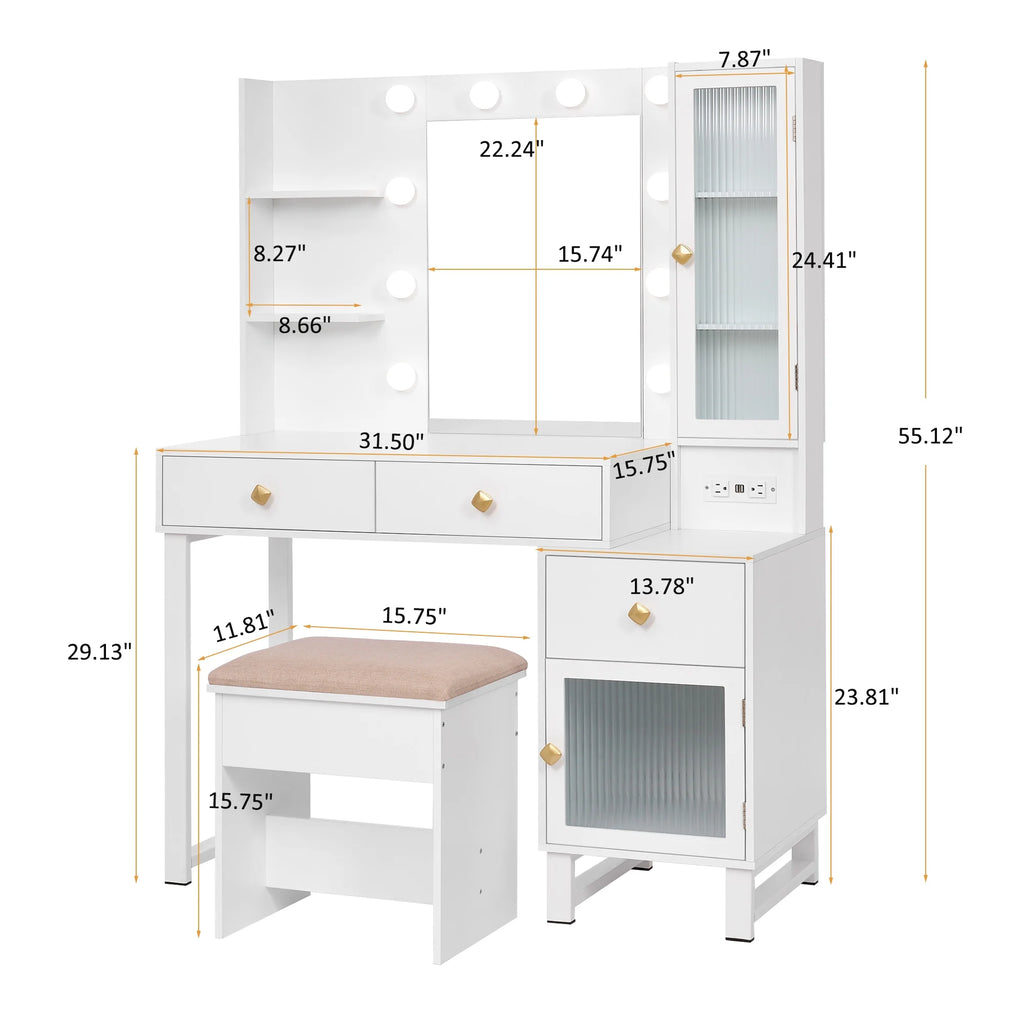 White Vanity Desk with Lights, Mirror and Drawers I974