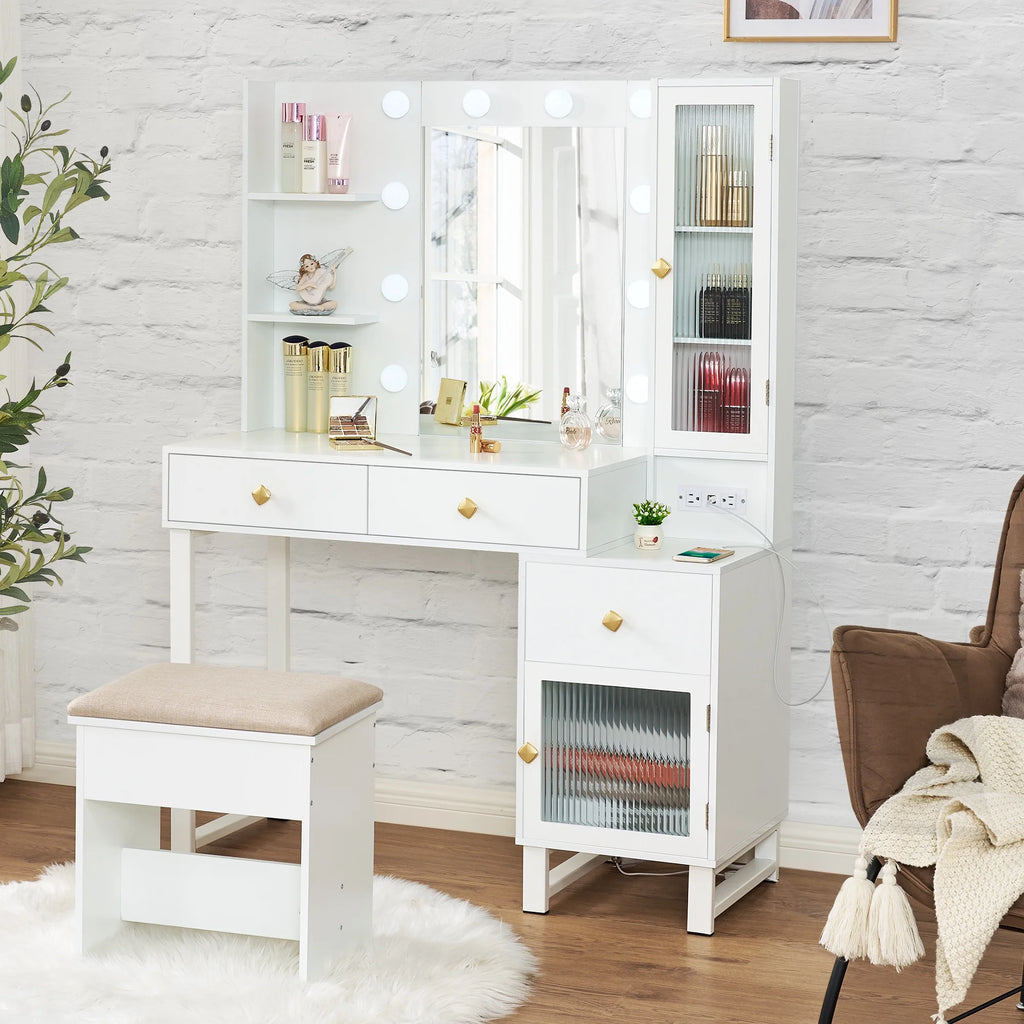 White Vanity Desk with Lights, Mirror and Drawers I974