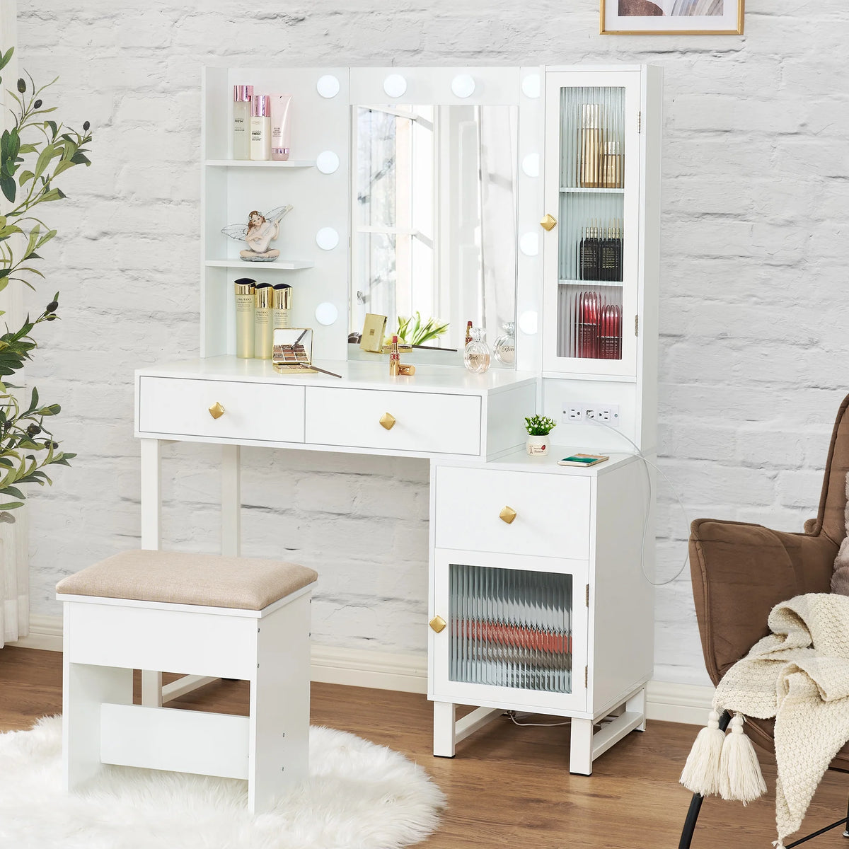 White Vanity Desk with Lights, Mirror and Drawers I974