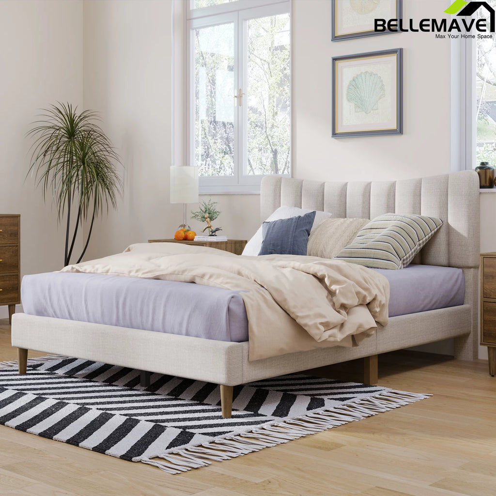 Full Size Linen Upholstered Platform Bed with Tufted Headboard F663970