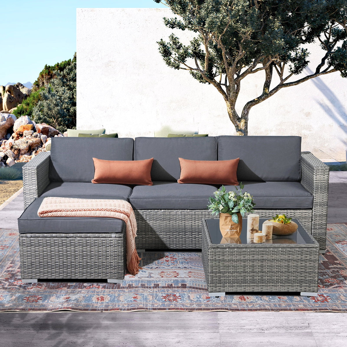 5 Pieces PE Gray Wicker Rattan Sectional Furniture Set with Coffee Table A93324
