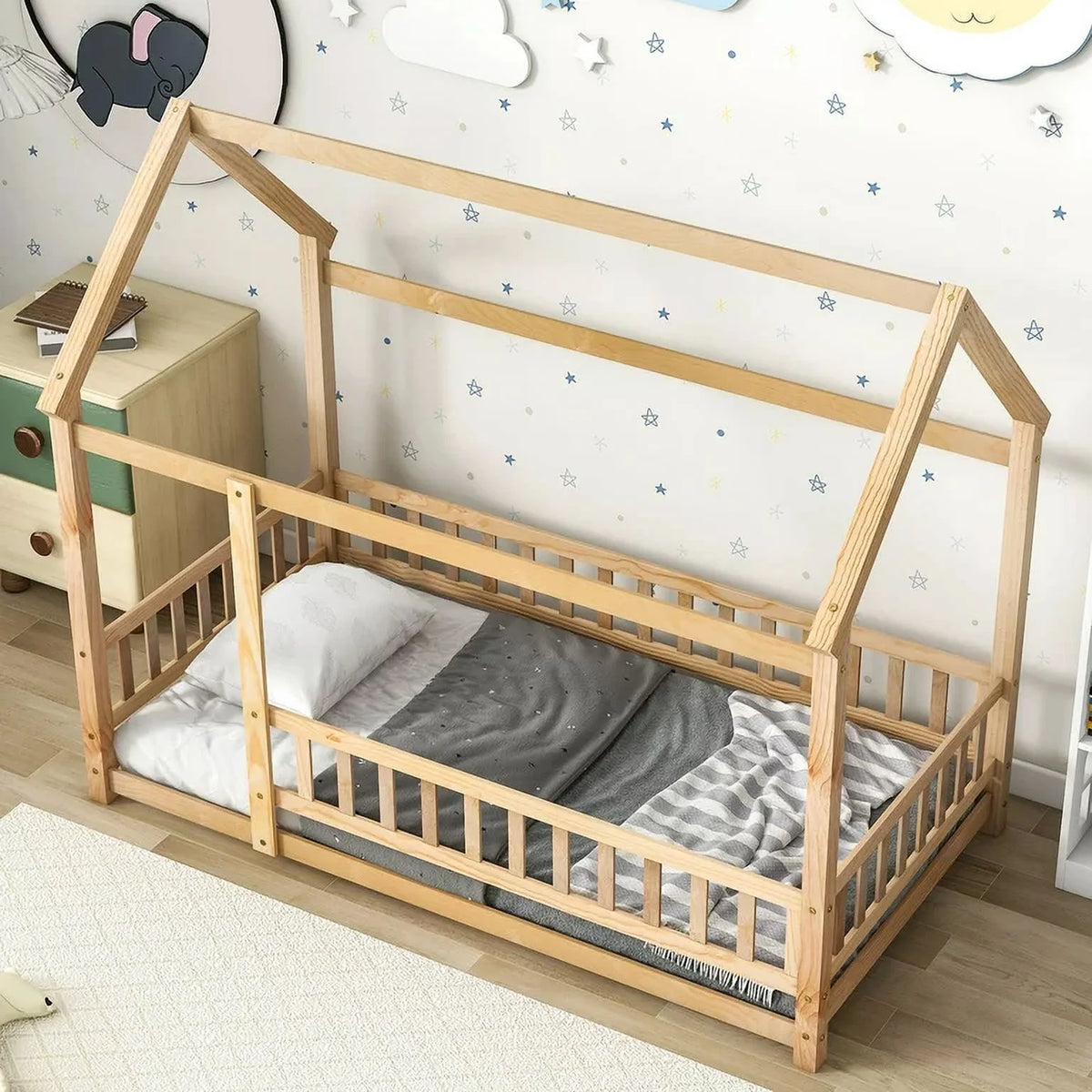 Twin Size Wood House Floor Bed with Fence Guardrails O603092