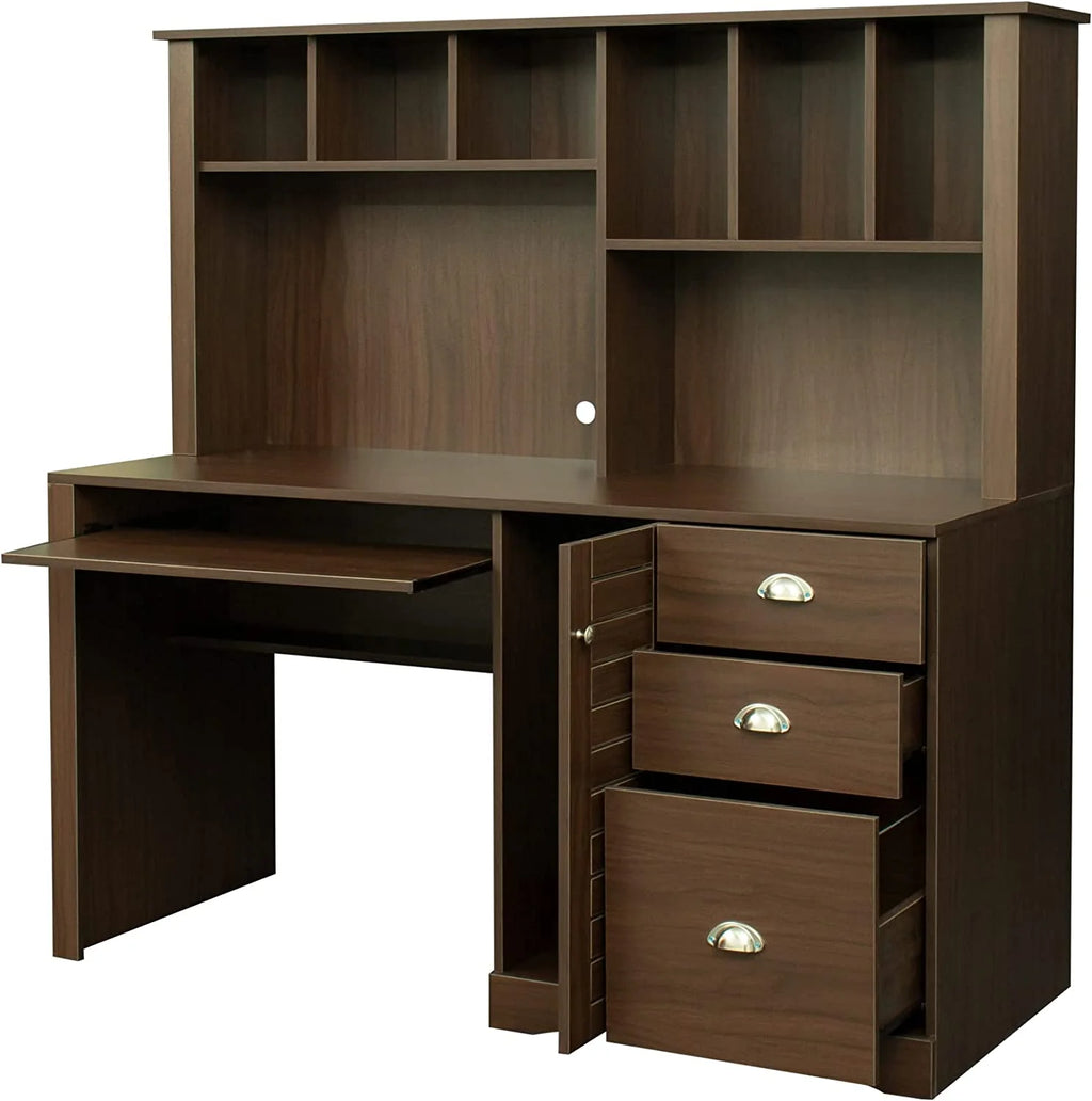 Walnut Computer Desk with Cabinet and Keyboard Tray S47713