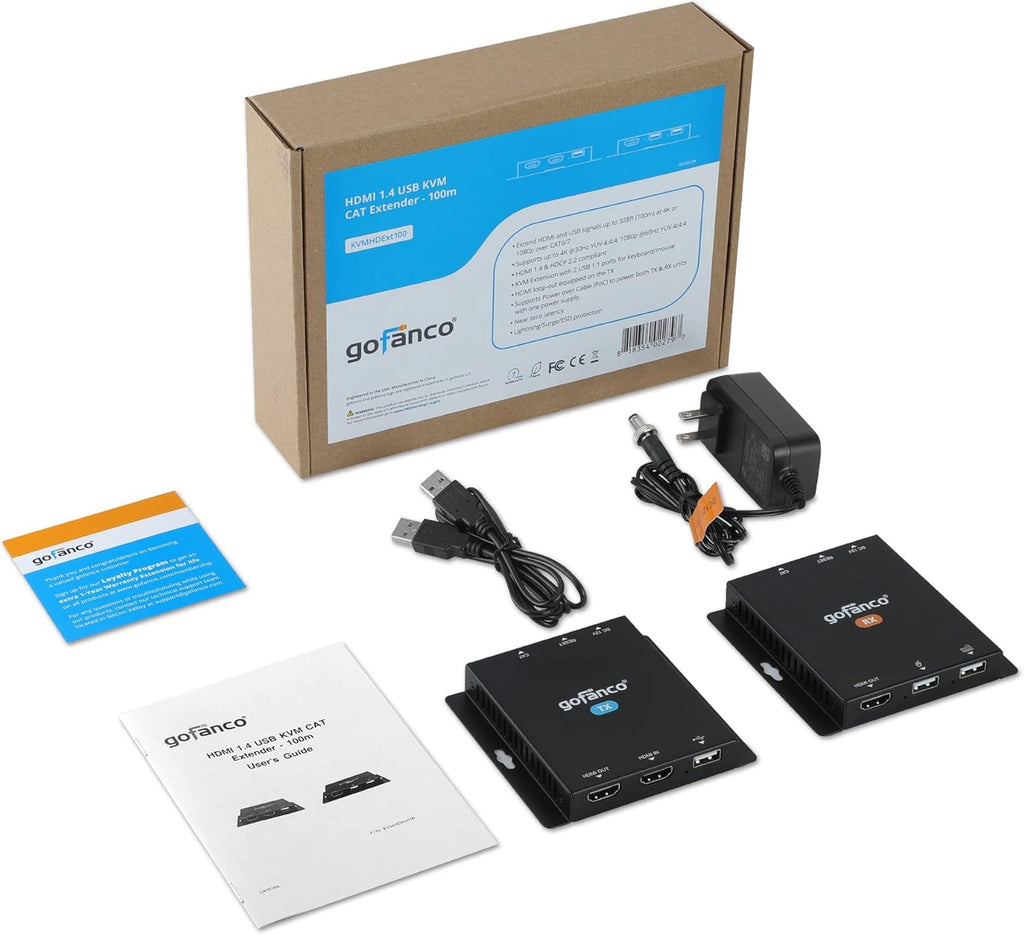 USB KVM and HDMI 1.4 Over CAT6 / CAT7 Extender, 328ft Extension, 4K @30Hz, 2X USB Keyboard/Mouse, HDMI Loopout, Dual PoC, HDCP 2.2, ESD Protection F735
