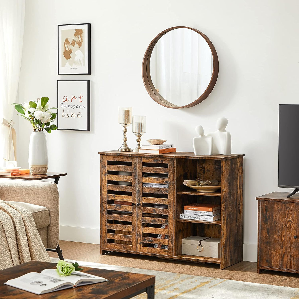 Buffet Cabinet with Louvered Doors and 3 Open Shelves I36986