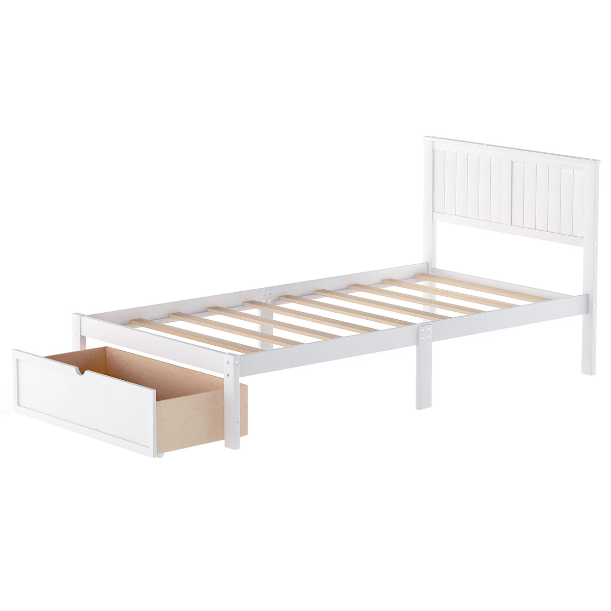 White Twin Wood Platform Bed with Headboard and Storage Drawer C289363
