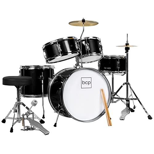 5-Piece Beginner Drum Set with Cymbals Pedal Drumsticks Stool Black W5447