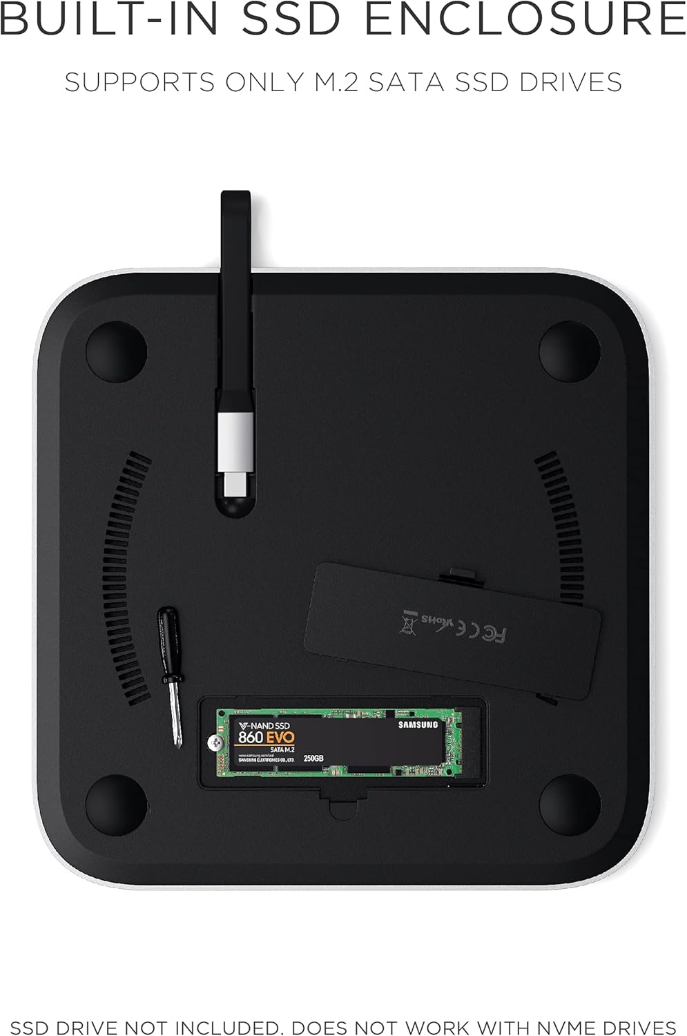 Type-C Stand & Hub with SSD Enclosure, M.2 SATA, USB-C, Micro/SD Card Readers, USB-A & Headphone Jack, Silver X37528