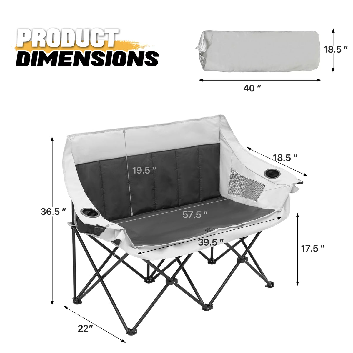 Portable 2 Person Folding Camping Sofa Chair with Carry Bag, Black P26561