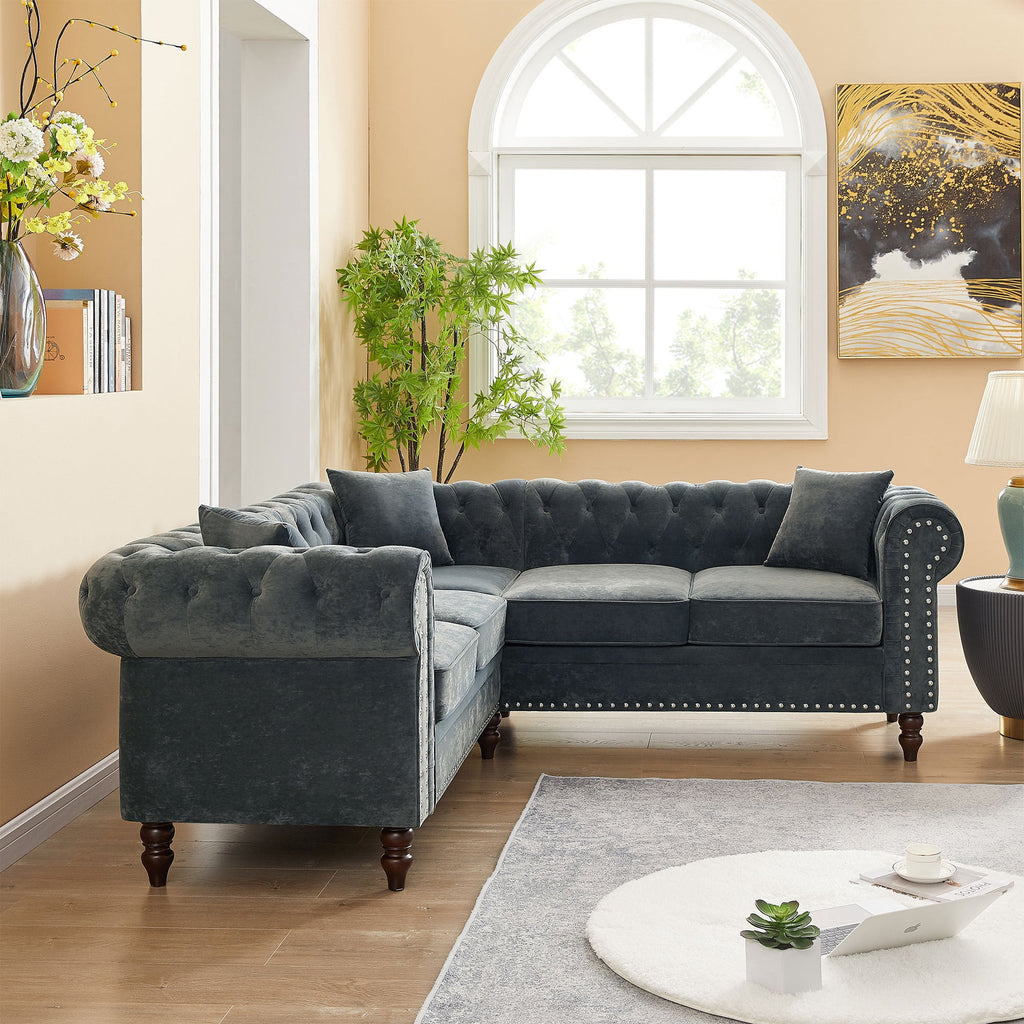 Gray Velvet Button Tufted L-shaped Sofa R7746