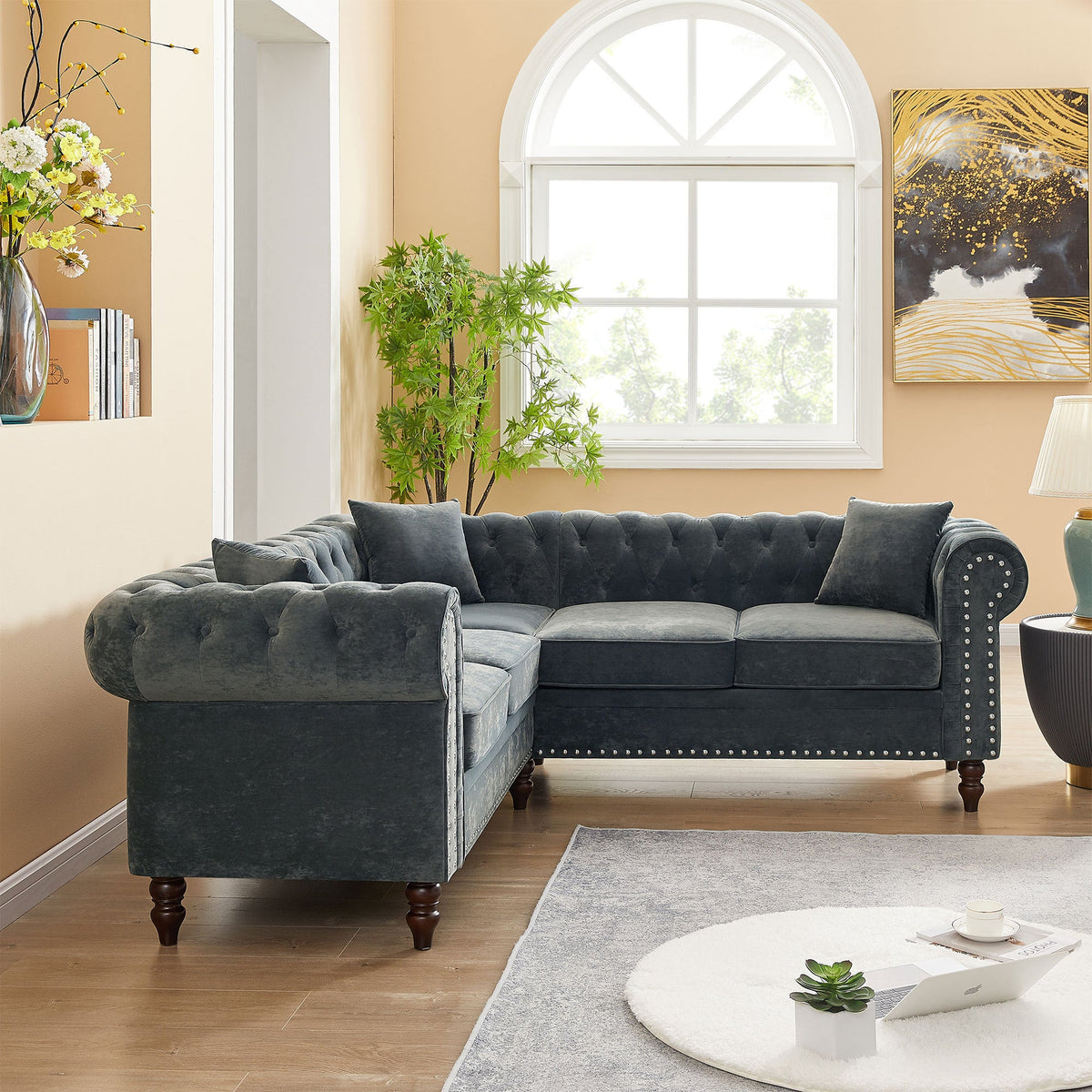 Gray Velvet Button Tufted L-shaped Sofa R7746