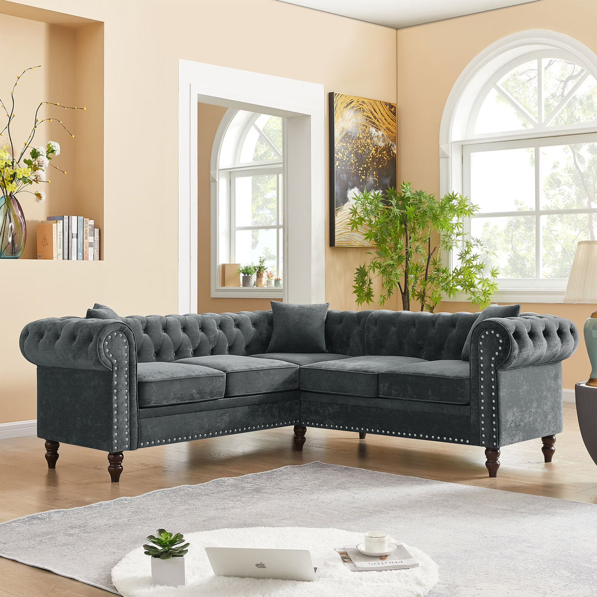 Gray Velvet Button Tufted L-shaped Sofa R7746