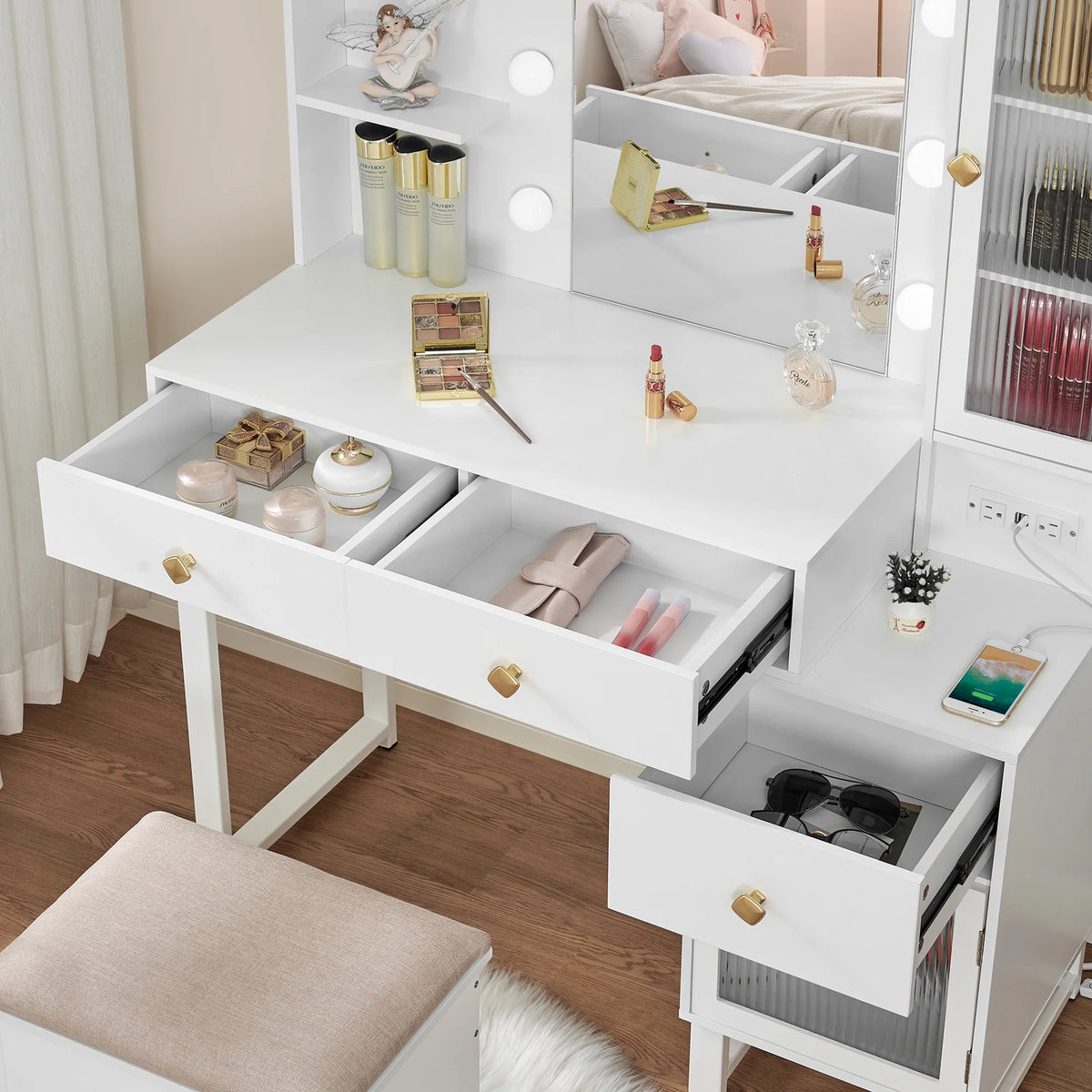 White Vanity Desk with Lights, Mirror and Drawers I974