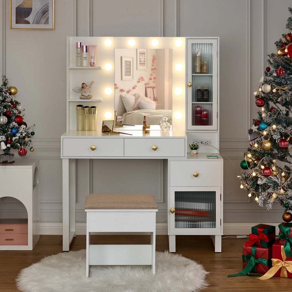 White Vanity Desk with Lights, Mirror and Drawers I974