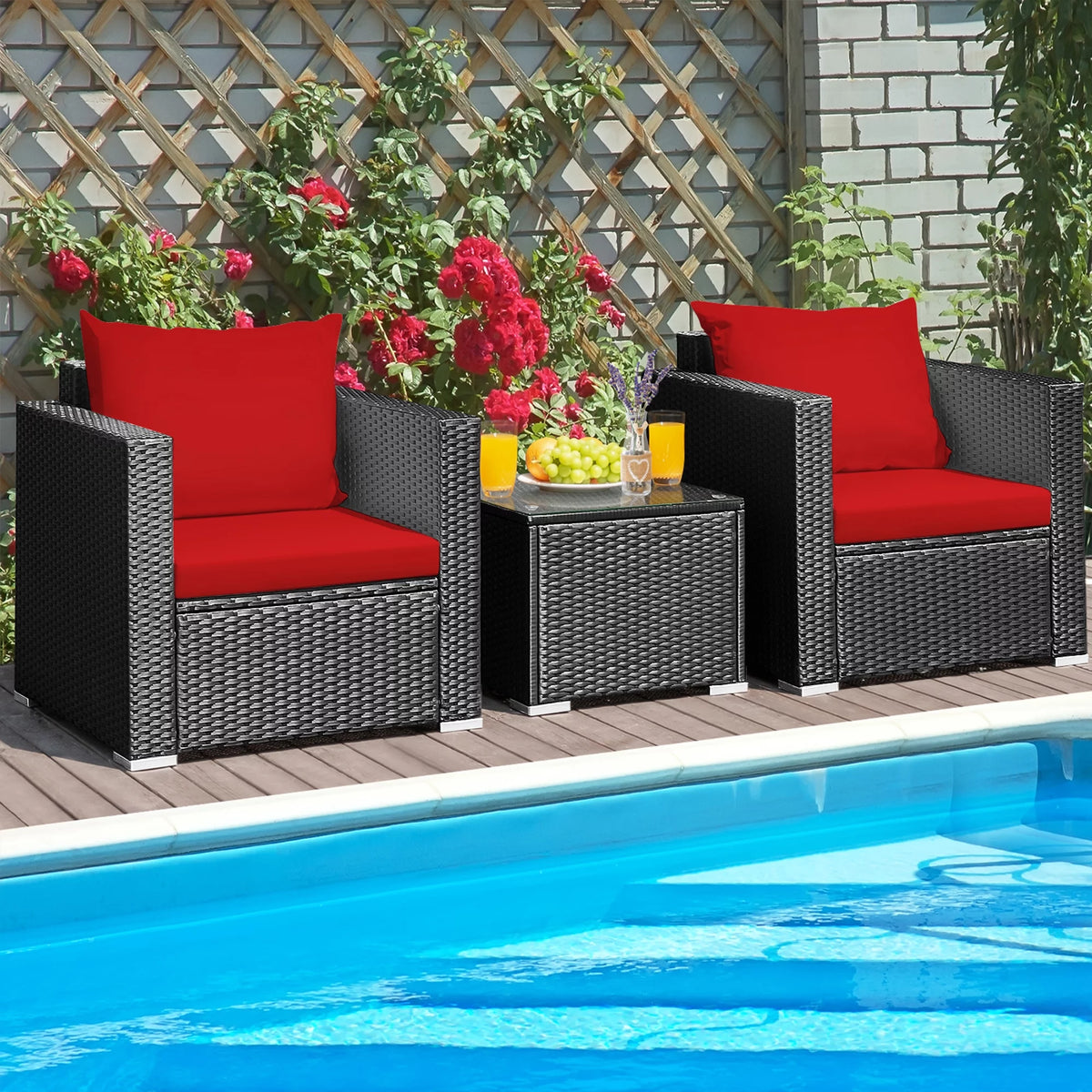 3 Pcs Rattan Patio Conversation Furniture Set with Red Cushions G7786