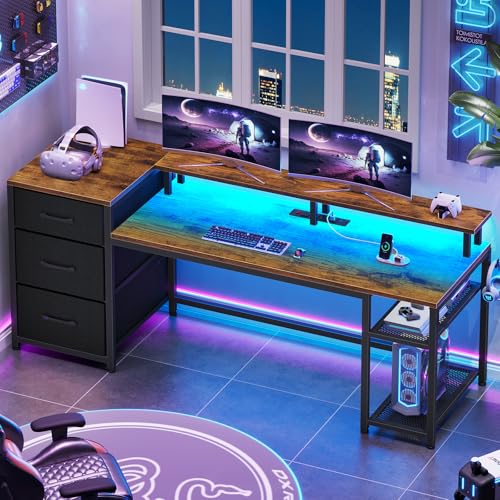 Rustic Brown Office Desk with Drawers and LED Lights G531