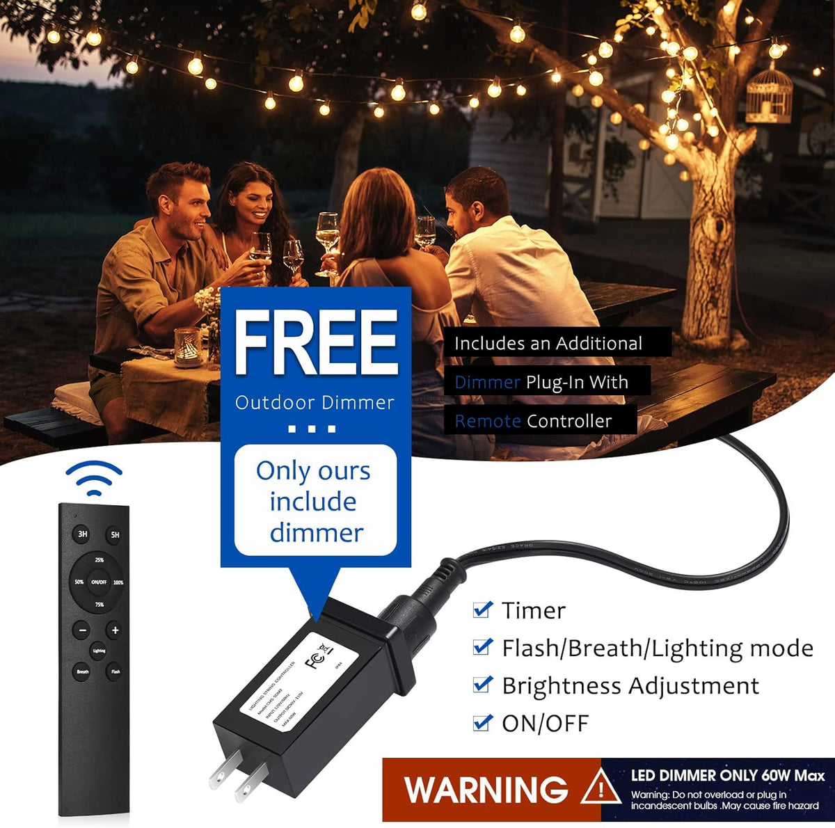 LED Outdoor String Lights with Dimmer Remote M2786