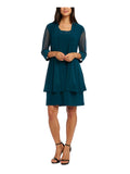 Teal Embellished Open Front 3/4 Sleeve Jacket Sleeveless Scoop Neck Above The Knee Party Shift Dress M255439