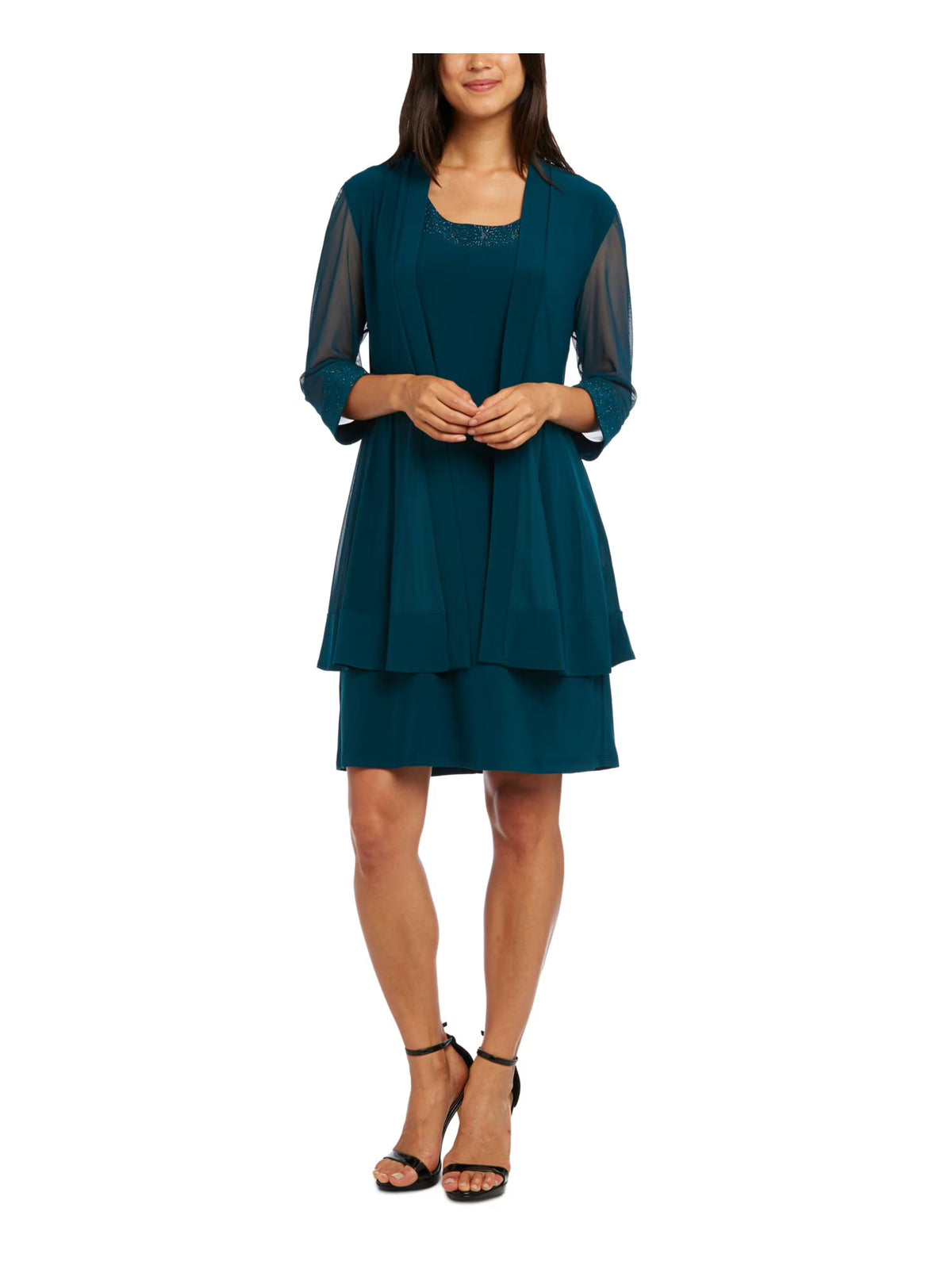 Teal Embellished Open Front 3/4 Sleeve Jacket Sleeveless Scoop Neck Above The Knee Party Shift Dress M255439