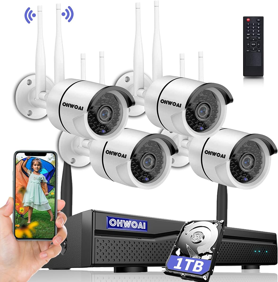 Wireless Security Camera System with 10 HD Screen, 4Pcs WiFi IP Cameras, 1TB HDD O446