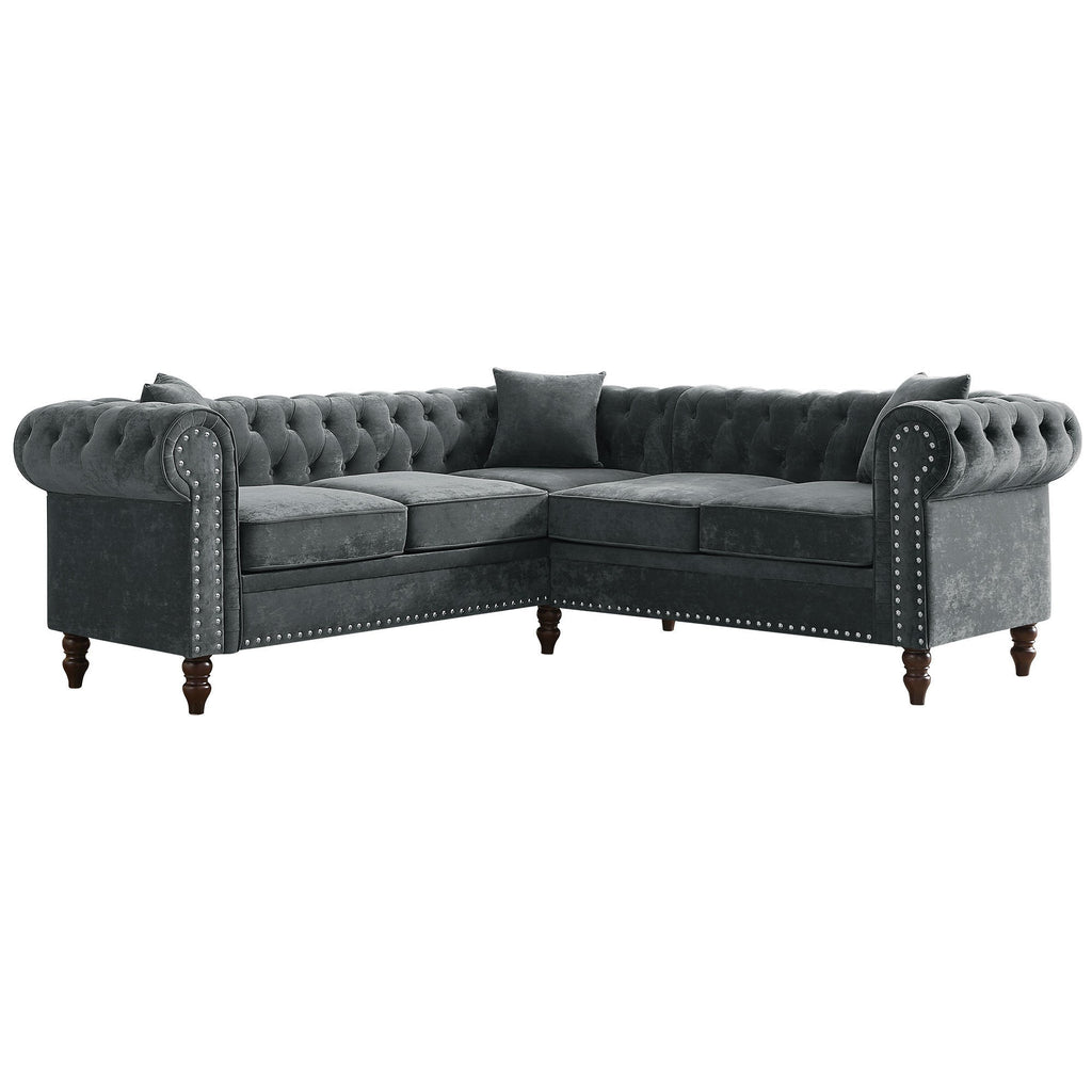 Gray Velvet Button Tufted L-shaped Sofa R7746
