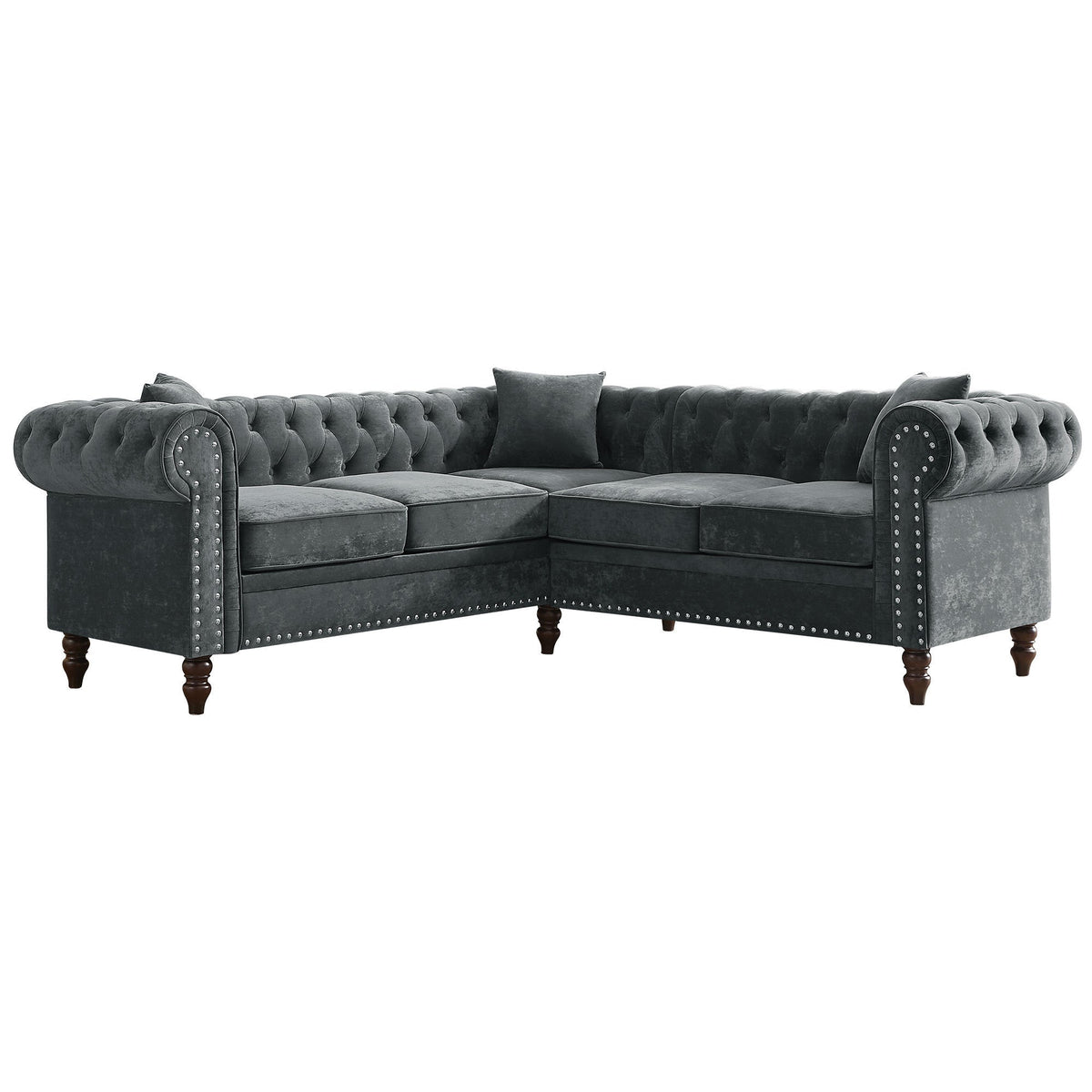 Gray Velvet Button Tufted L-shaped Sofa R7746