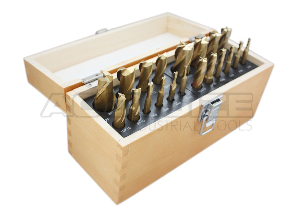 20 Pc H.S.S. Tin Coated End Mill Set, Metric Size, 2 Flute and 4 Flute S968
