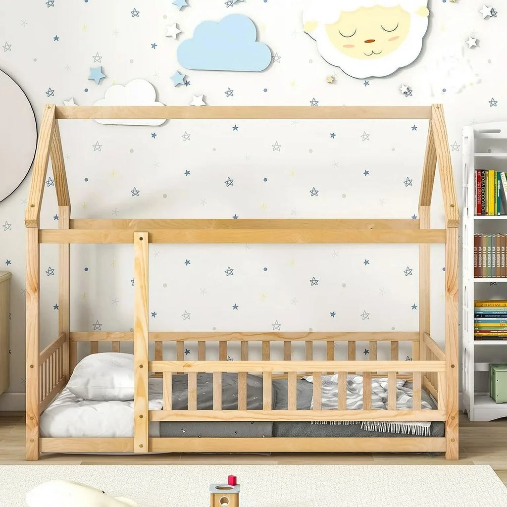 Twin Size Wood House Floor Bed with Fence Guardrails O603092