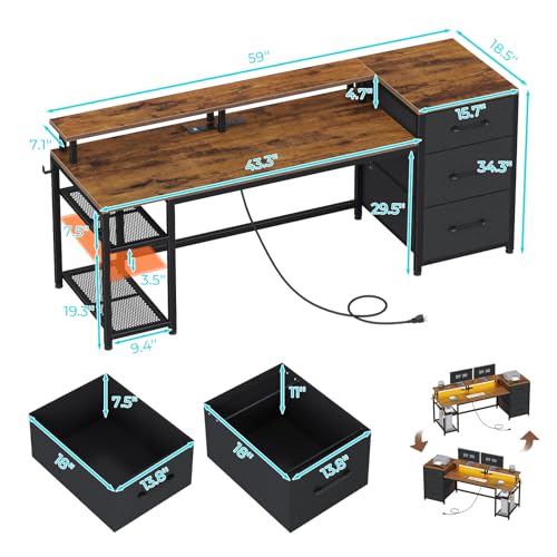 Rustic Brown Office Desk with Drawers and LED Lights G531