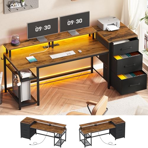 Rustic Brown Office Desk with Drawers and LED Lights G531