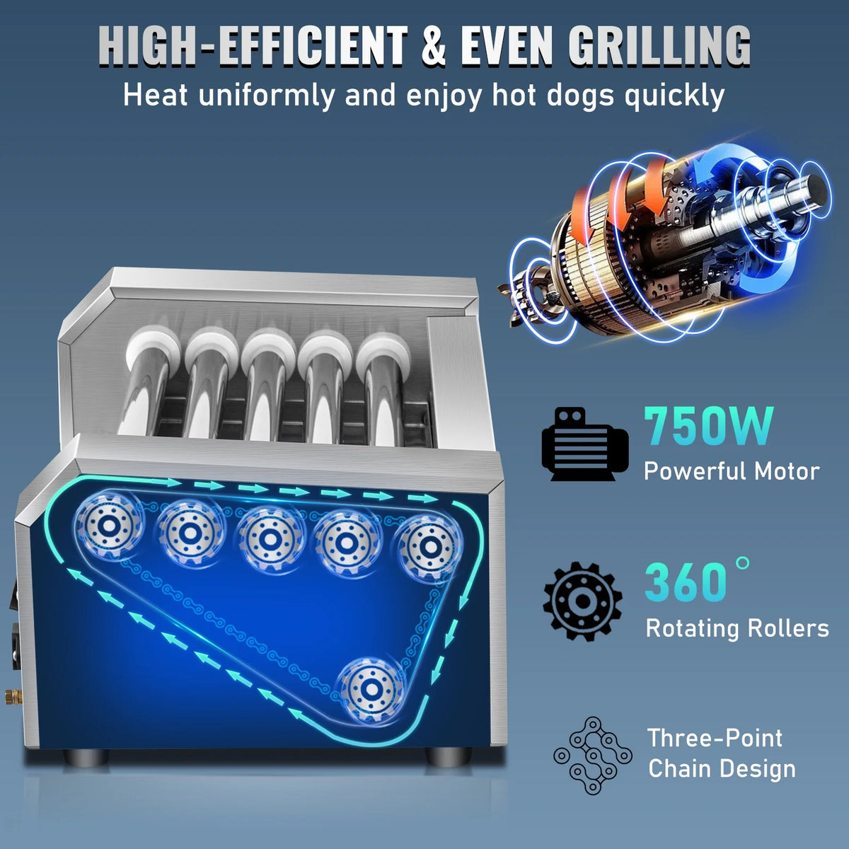 12 Hot Dog 5 Roller Grill Cooker Machine Stainless Steel 750W V7761
