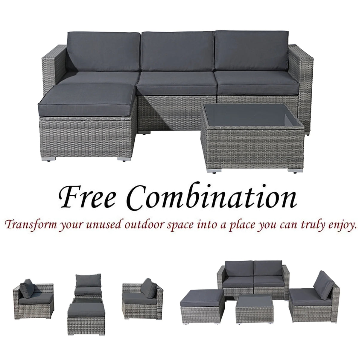 5 Pieces PE Gray Wicker Rattan Sectional Furniture Set with Coffee Table A93324