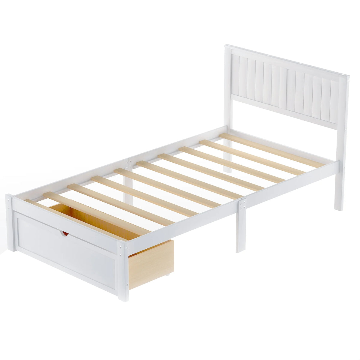 White Twin Wood Platform Bed with Headboard and Storage Drawer C289363