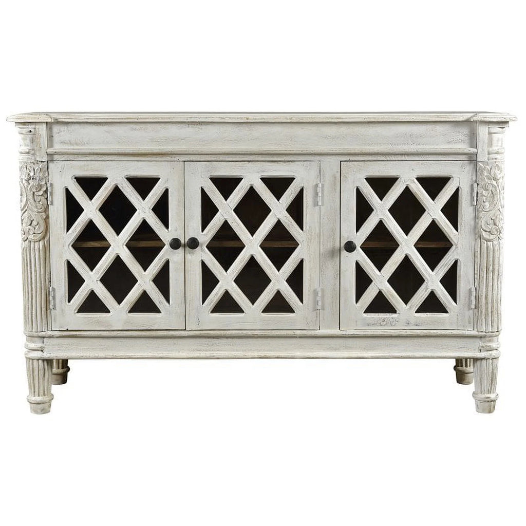 Solid Wood 3 Door Sideboard with Glass Inserts in White P758