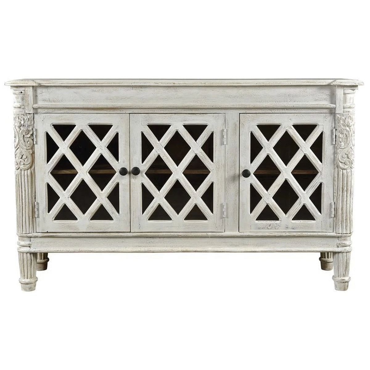 Solid Wood 3 Door Sideboard with Glass Inserts in White P758