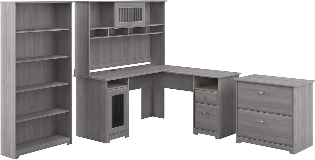 L Shaped Desk with Hutch, File Cabinet and 5 Shelf Bookcase N307