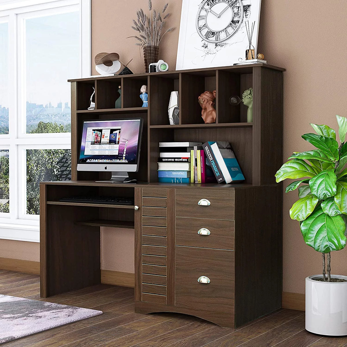 Walnut Computer Desk with Cabinet and Keyboard Tray S47713