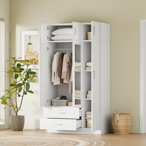 White 3-Door Wardrobe Closet with 1 Drawer and Top Cabinet G57865