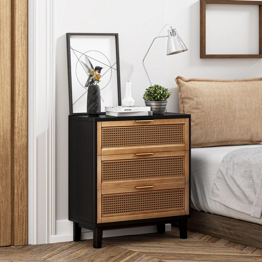 Black 3 Drawer Woven Cane Nightstand M531