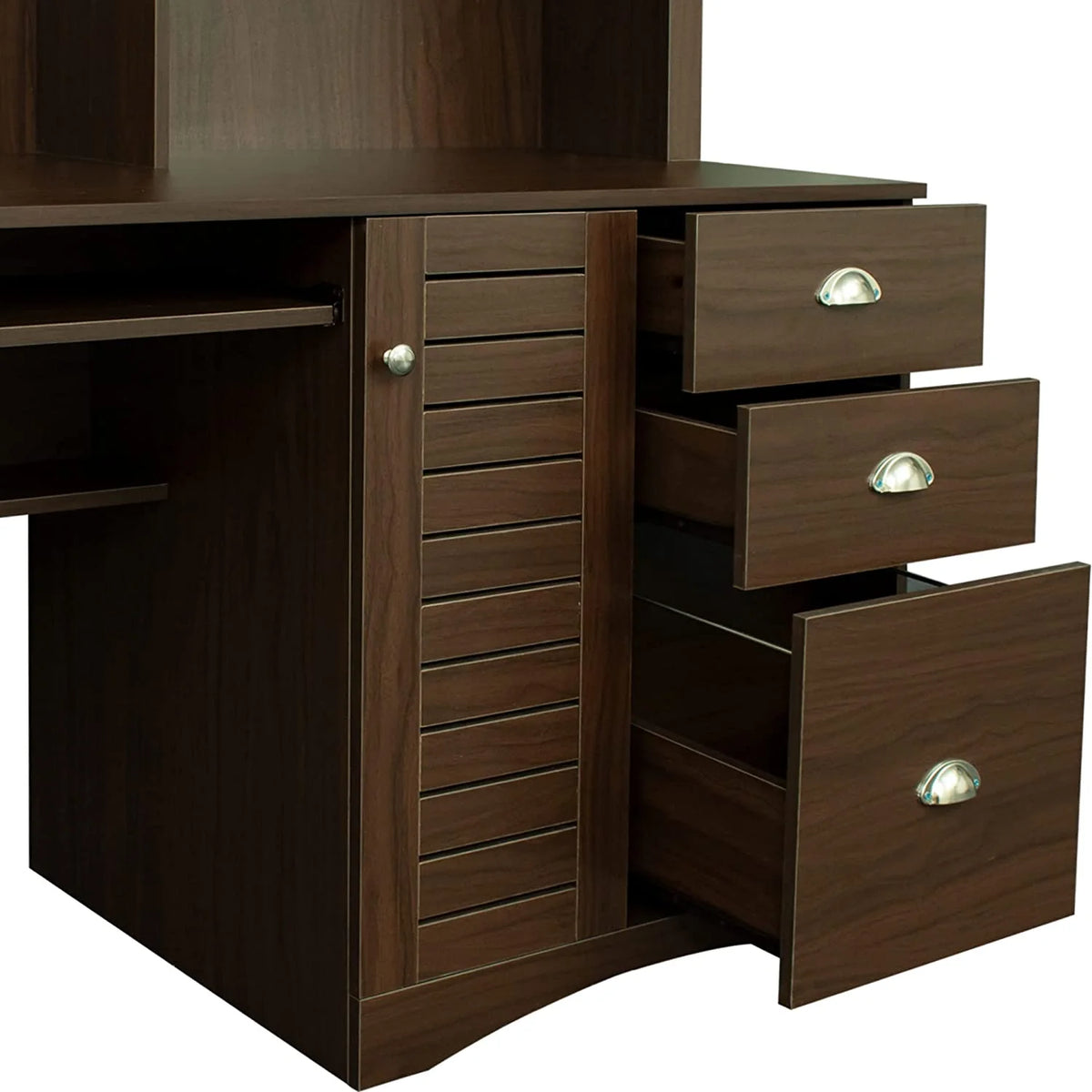 Walnut Computer Desk with Cabinet and Keyboard Tray S47713