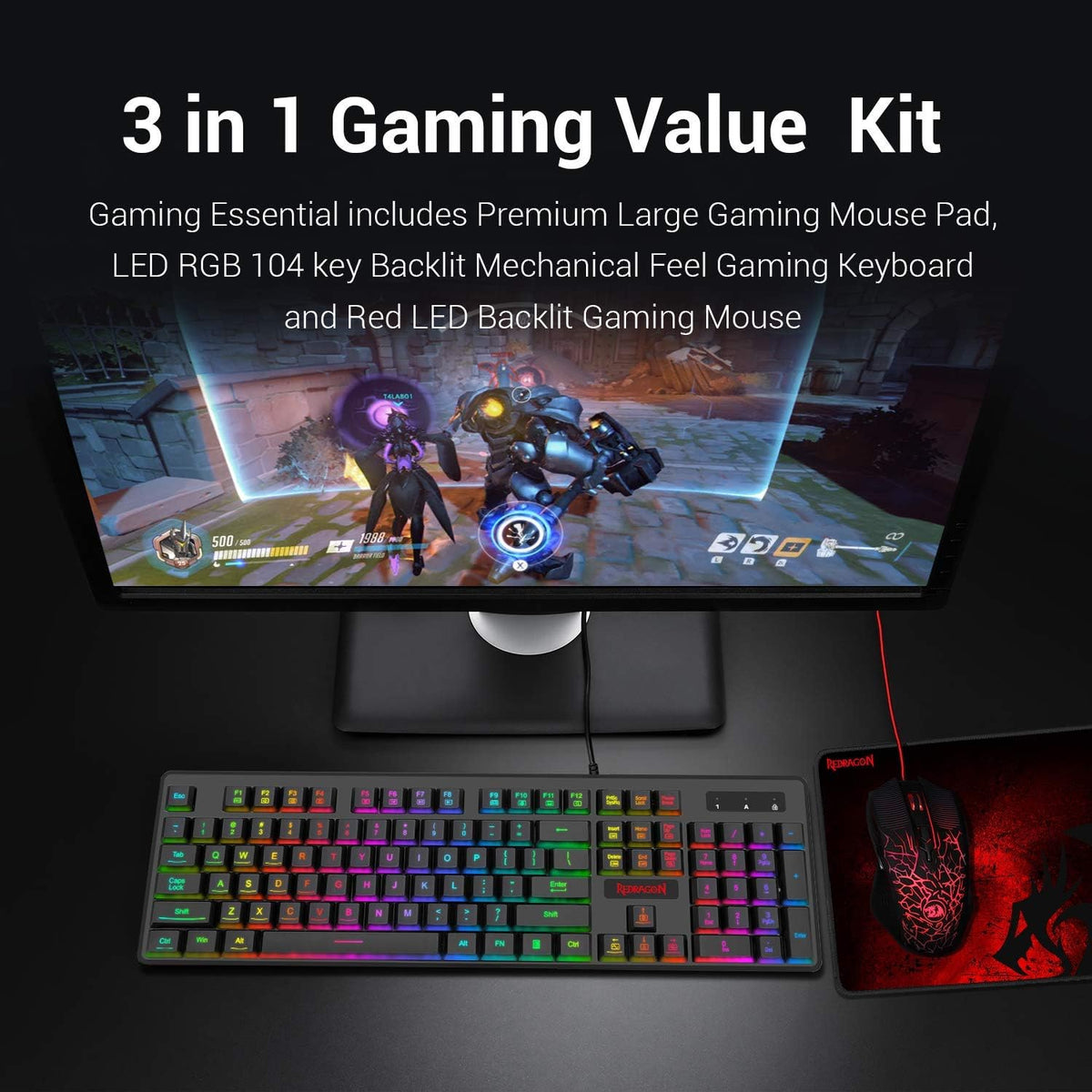 Gaming Keyboard and Mouse Combo with Mouse Pad, RGB Backlit, 3200 DPI, Pack of 2 I812657