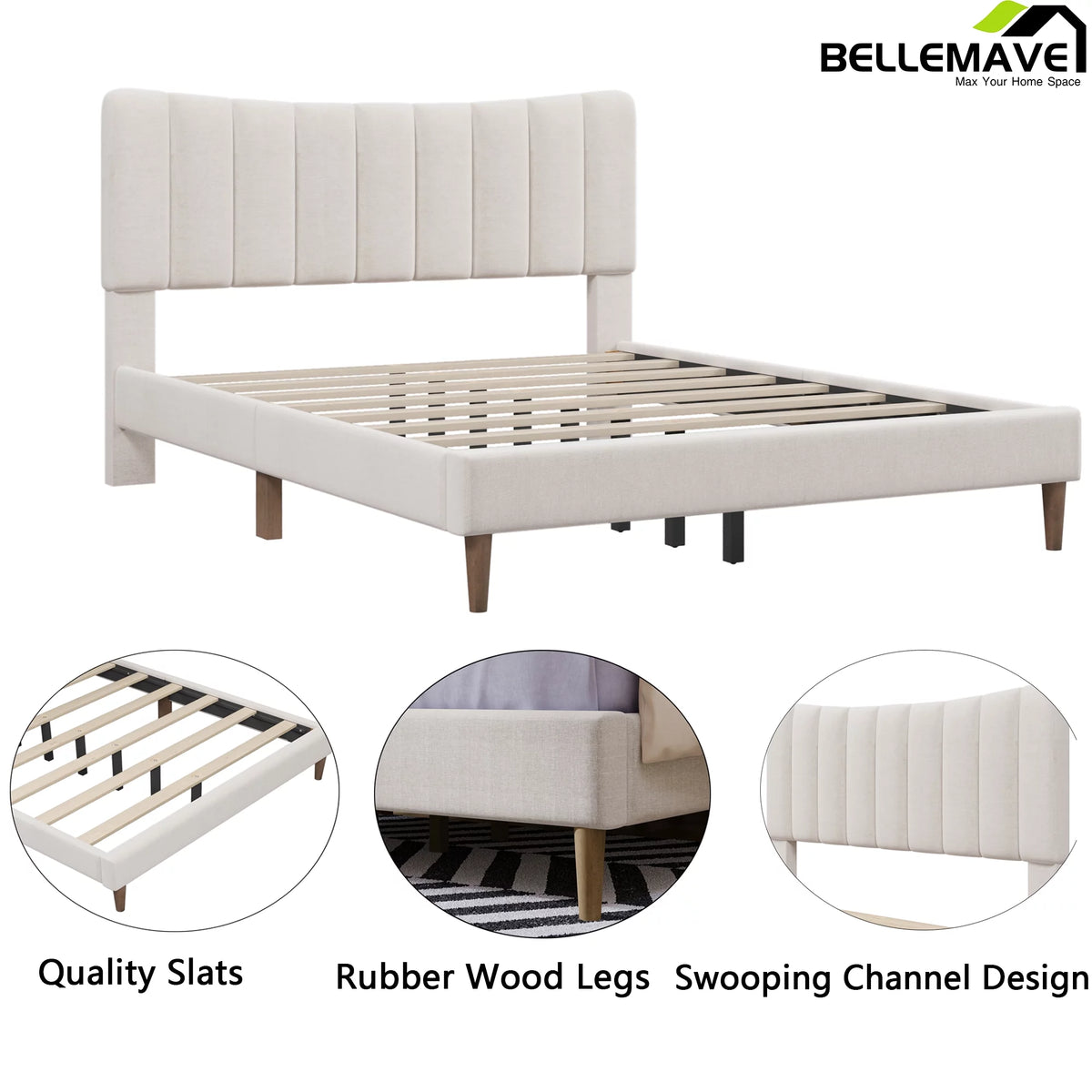 Full Size Linen Upholstered Platform Bed with Tufted Headboard F663970