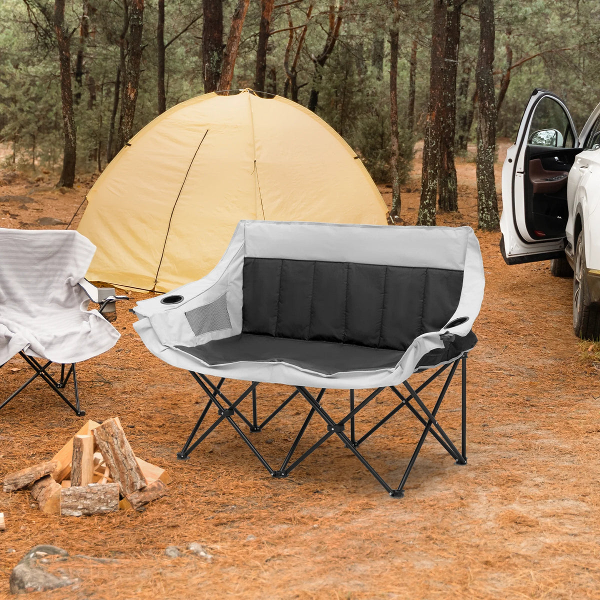 Portable 2 Person Folding Camping Sofa Chair with Carry Bag, Black P26561