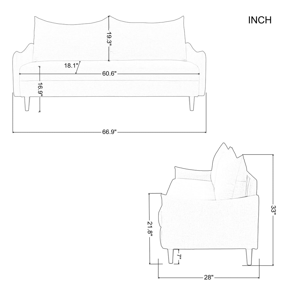 67.5” Couch with Removable Washable Back Cushion Cover, Manufactured Wood Frame, Tapered Metal Legs (Dark Grey) E40059
