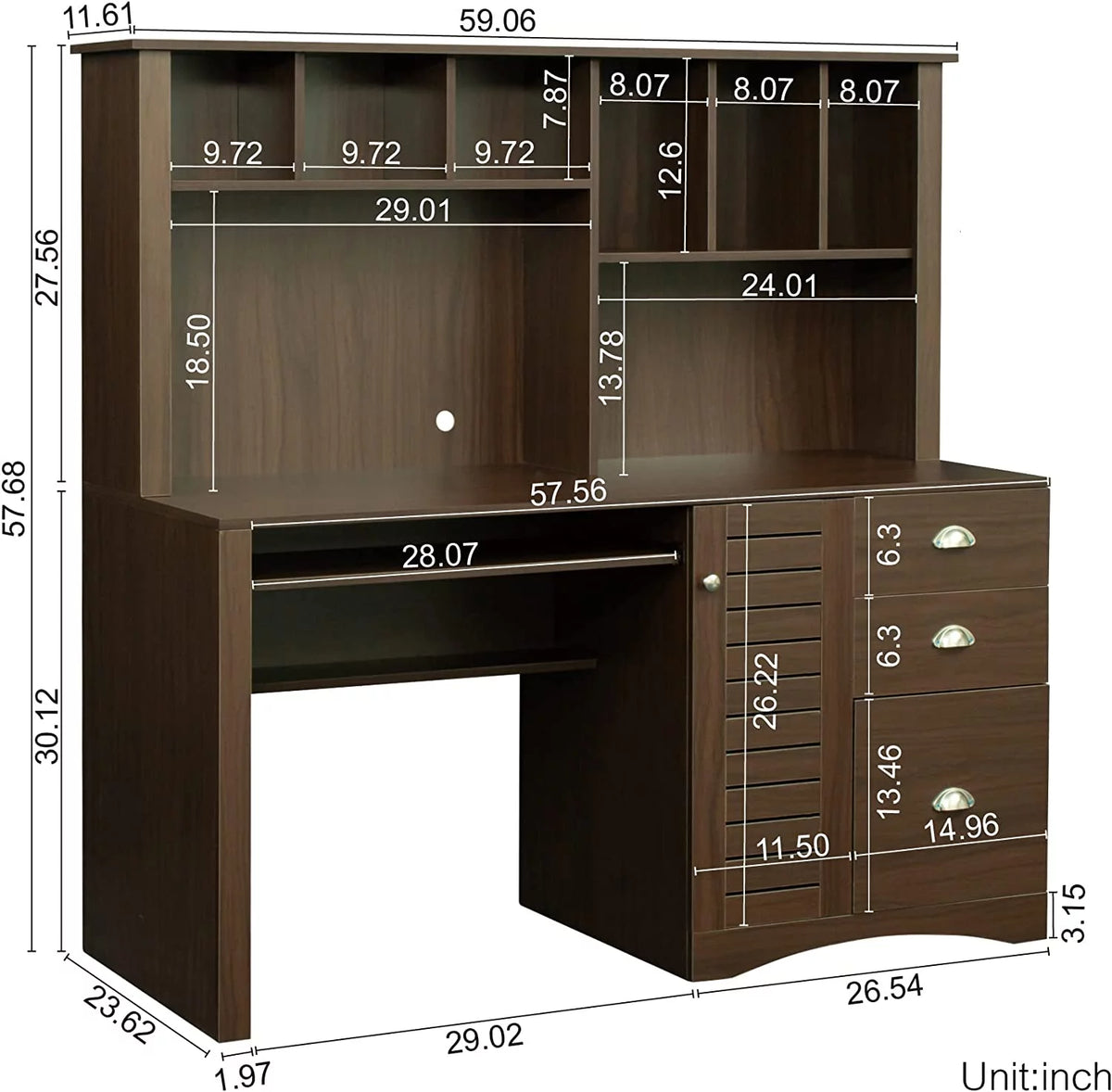 Walnut Computer Desk with Cabinet and Keyboard Tray S47713