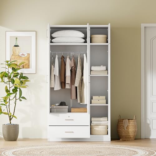 White 3-Door Wardrobe Closet with 1 Drawer and Top Cabinet G57865
