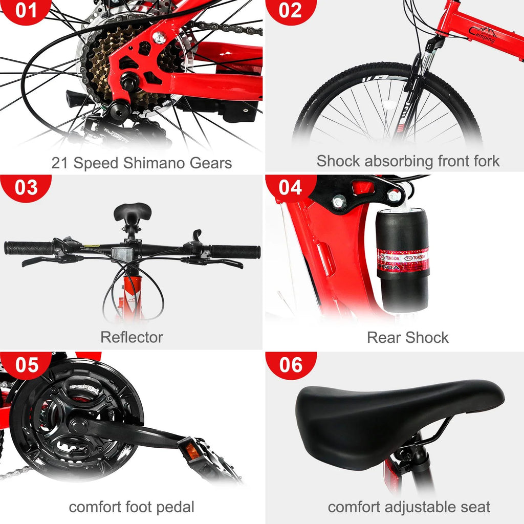 Folding Mountain Bike 21-Speed 26 inch Red K292531