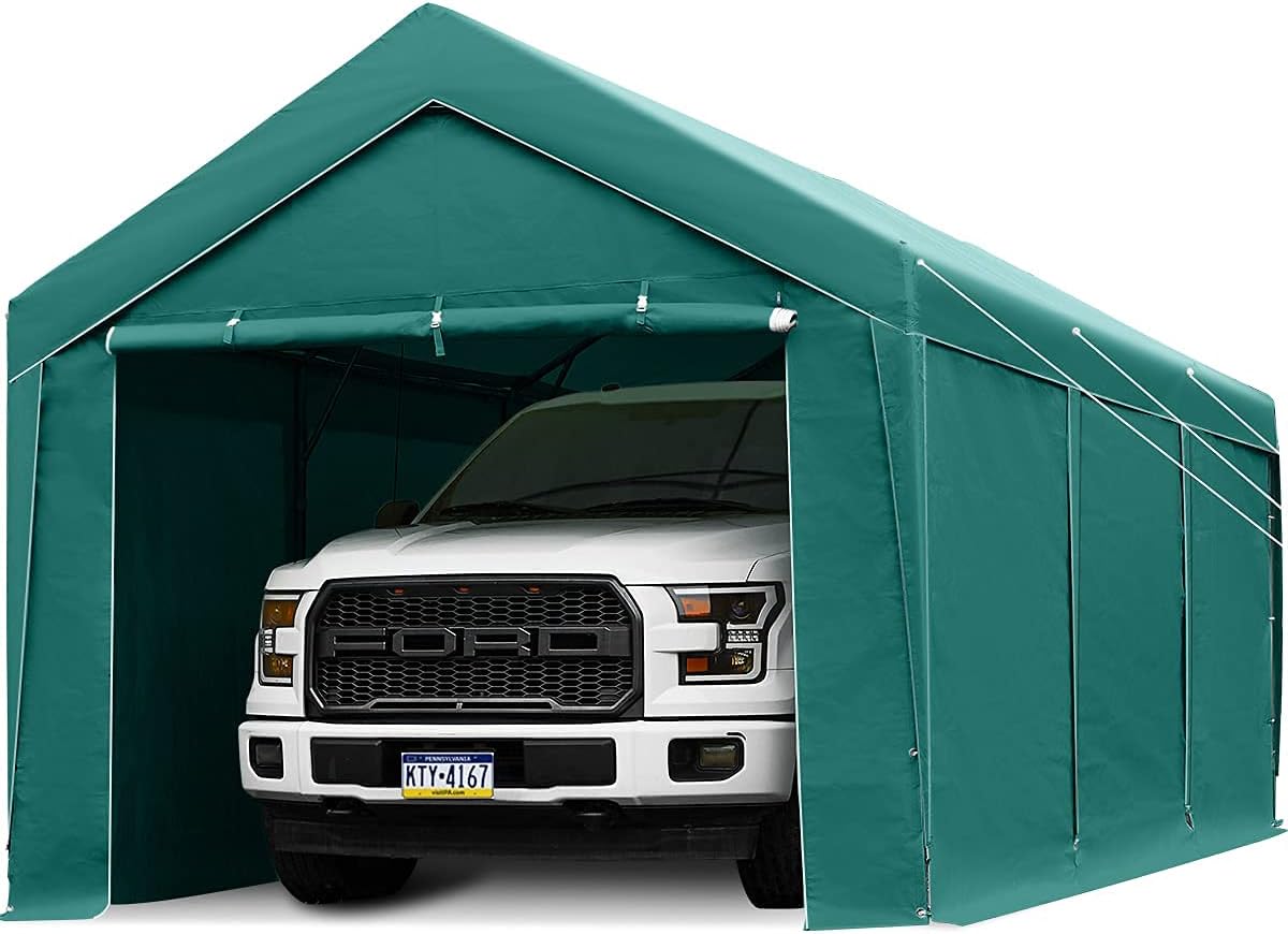 10 x 20 ft Heavy Duty Carport Canopy with Removable Sidewalls and Doors and 4 Sandbags J870868