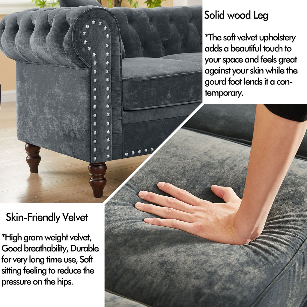 Gray Velvet Button Tufted L-shaped Sofa R7746